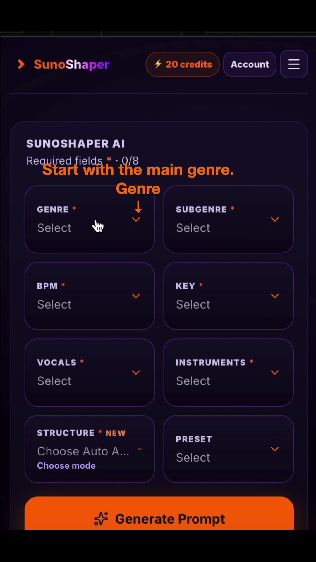 Actual SunoShaper 4.5 Builder from the Auto AI tutorial, showing the required fields counter, Genre, Subgenre, BPM, Key, Vocals, Instruments, Structure and the optional Preset control
